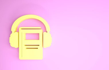 Sarı Ses kitabı simgesi pembe arkaplanda izole edildi. Kulaklıklı kitap. Ses rehberi işareti. Çevrimiçi öğrenme kavramı. Minimalizm kavramı. 3d illüstrasyon 3d canlandırma