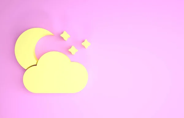 Nuage jaune avec icône lune et étoiles isolé sur fond rose. Panneau de nuit nuageux. Le symbole des rêves endormis. Signe de nuit ou heure du coucher. Concept de minimalisme. Illustration 3D rendu 3D — Photo