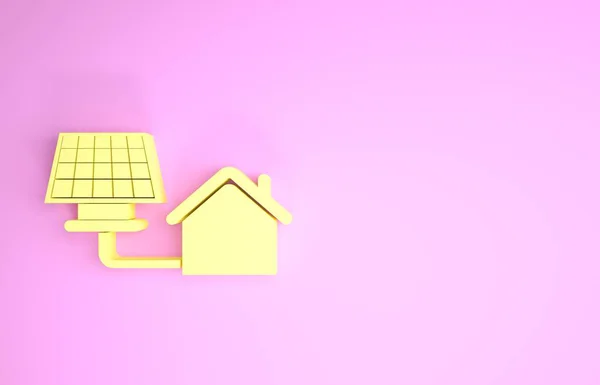 Жовтий будинок з іконою сонячних панелей ізольований на рожевому тлі. Екологія, енергія відновлюваної сонячної енергії. Еко-дружній будинок. Захист довкілля. Концепція мінімалізму. 3d Illustrated 3d render — стокове фото