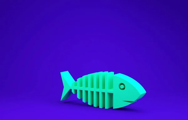 Green Fish skeleton icon isolated on blue background. Fish bone sign. Minimalism concept. 3d illustration 3D render