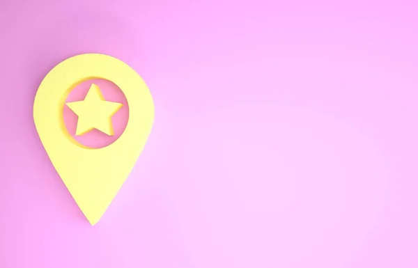 Yellow Map pointer with star icon isolated on pink background. Star favorite pin map icon. Map markers. Minimalism concept. 3d illustration 3D render