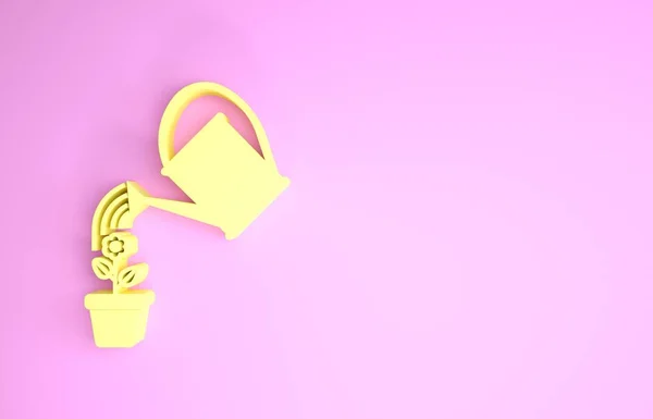 Sárga Öntözőkanna permetezi víz csepp virág felett pot ikon elszigetelt rózsaszín alapon. Öntözés szimbólum. Minimalizmus koncepció. 3d illusztráció 3d render — Stock Fotó