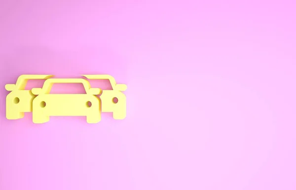 Значок жовтих автомобілів ізольовано на рожевому тлі. Концепція мінімалізму. 3D ілюстрація 3D рендеринга — стокове фото
