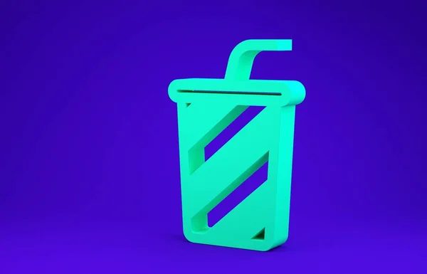 Mavi zemin üzerinde su ikonu olan yeşil cam. Soda bardağı ve pipet içmek. Taze soğuk içecek sembolü. Minimalizm kavramı. 3d illüstrasyon 3d canlandırma — Stok fotoğraf