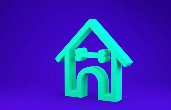 Green Dog rumah dan ikon tulang terisolasi pada latar belakang biru. Anjing kennel. Konsep minimalisme. Tampilan 3D ilustrasi 3d — Stok Foto