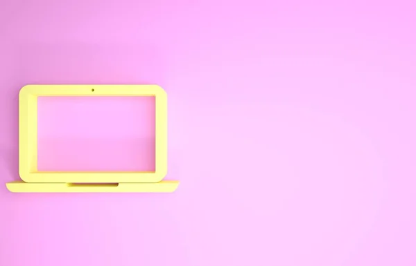 Ícone amarelo Laptop isolado no fundo rosa. notebook de computador com sinal de tela vazia. Conceito de minimalismo. 3D ilustração 3D render — Fotografia de Stock