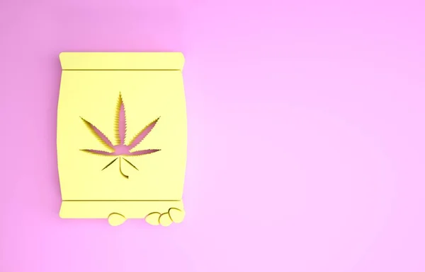 黄色大麻或大麻籽在袋状图标上，在粉红色背景上分离。 大麻的符号。 种植大麻的过程。 最低纲领的概念。 3d说明3d — 图库照片