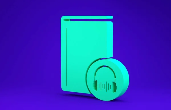Grünes Hörbuchsymbol isoliert auf blauem Hintergrund. Buch mit Kopfhörer. Audioguide-Schild. Online-Lernkonzept. Minimalismus-Konzept. 3D Illustration 3D Renderer — Stockfoto