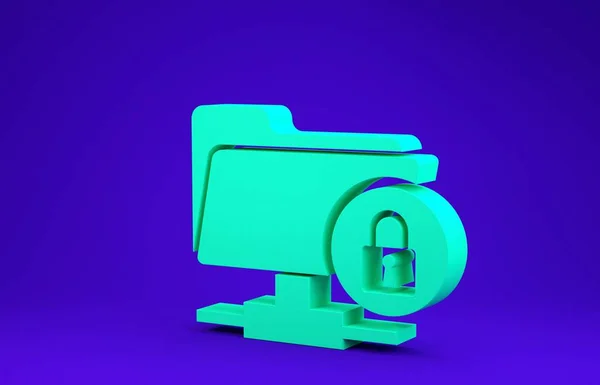 Folder FTP hijau dan ikon kunci terisolasi pada latar belakang biru. Konsep pembaruan perangkat lunak, protokol transfer ftp. Keamanan, keamanan, konsep perlindungan. Konsep minimalisme. Tampilan 3D ilustrasi 3d — Stok Foto