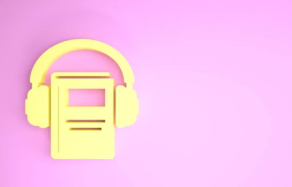 Yellow Audio book icon isolated on pink background. Book with headphones. Audio guide sign. Online learning concept. Minimalism concept. 3d illustration 3D render — ストック写真