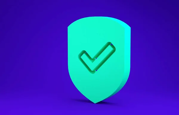 Gröna skölden med markeringsikonen isolerad på blå bakgrund. Skyddssymbol. Säkerhetskontrollen ikonen. Krypmärke godkänd ikon. Minimalistiskt koncept. 3D-illustration 3D-återgivning — Stockfoto