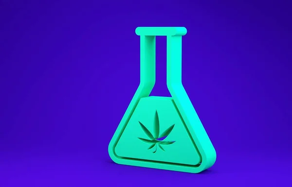 Zielona probówka chemiczna z ikoną marihuany lub liścia marihuany odizolowana na niebieskim tle. Koncepcja badań. Koncepcja oleju laboratoryjnego Cbd. Koncepcja minimalizmu. Ilustracja 3d — Zdjęcie stockowe
