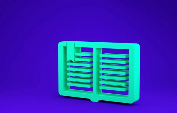 Grünes aufgeschlagenes Buchsymbol isoliert auf blauem Hintergrund. Minimalismus-Konzept. 3D Illustration 3D Renderer — Stockfoto