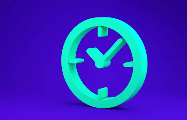 Grön klocka ikon isolerad på blå bakgrund. Minimalistiskt koncept. 3D-illustration 3D-återgivning — Stockfoto