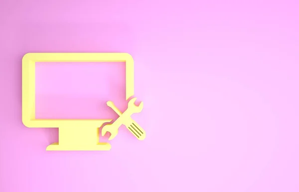 Κίτρινη οθόνη υπολογιστή με κατσαβίδι και κλειδί εικονίδιο που απομονώνεται σε ροζ φόντο. Ρύθμιση, συντήρηση, ρύθμιση, συντήρηση, επισκευή, στερέωση. Μινιμαλιστική έννοια. 3D απεικόνιση 3d καθιστούν — Φωτογραφία Αρχείου