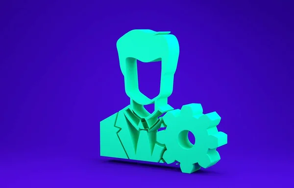 Green Profile settings icon isolated on blue background. User setting icon. Profile Avatar with cogwheel. Account icon. Male person silhouette. Minimalism concept. 3d illustration 3D render