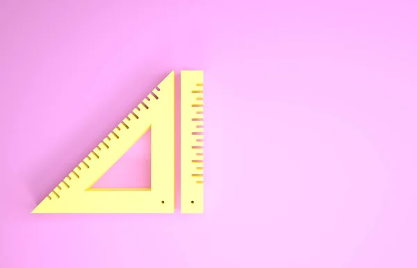 Желтый треугольный значок линейки изолирован на розовом фоне. Символ прямолинейности. Геометрический символ. Концепция минимализма. 3D-рендеринг — стоковое фото
