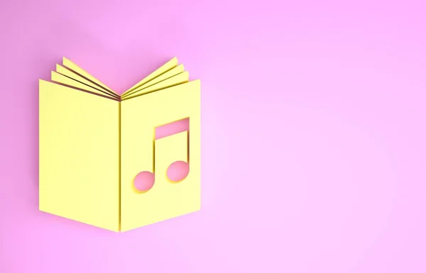 Yellow Audio book icon isolated on pink background. Musical note with book. Audio guide sign. Online learning concept. Minimalism concept. 3d illustration 3D render