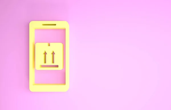 Teléfono inteligente móvil amarillo con icono de seguimiento de entrega de aplicaciones aislado sobre fondo rosa. Seguimiento de paquetes. Concepto minimalista. 3D ilustración 3D render —  Fotos de Stock