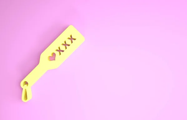 Gelbes Prügel-Paddel-Symbol isoliert auf rosa Hintergrund. Fetisch-Accessoire. Sexspielzeug für Erwachsene. Minimalismus-Konzept. 3D Illustration 3D Renderer — Stockfoto