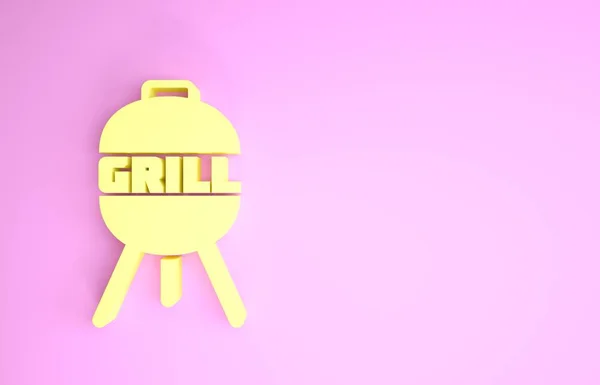 Žlutá ikona grilu gril izolované na růžovém pozadí. Bbq grill party. Minimalismus. 3D ilustrace 3D vykreslení — Stock fotografie