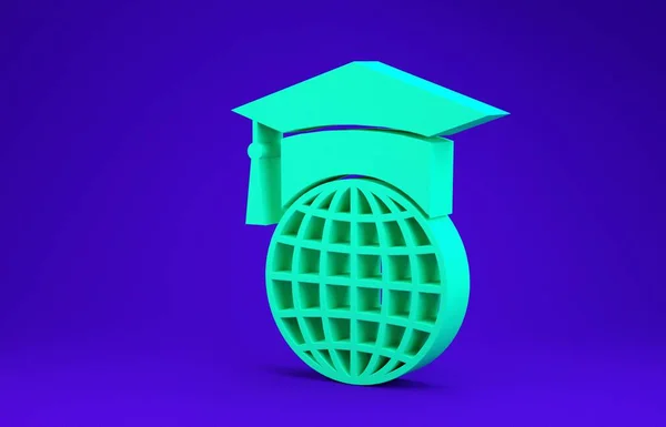 Casquette de graduation verte sur icône globe isolé sur fond bleu. Symbole mondial de l'éducation. Concept d'apprentissage en ligne ou d'apprentissage en ligne. Concept de minimalisme. Illustration 3D rendu 3D — Photo