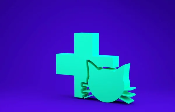 Icono símbolo de la clínica veterinaria verde aislado sobre fondo azul. Cruza con la atención veterinaria del gato. Signo de primeros auxilios. Concepto minimalista. 3D ilustración 3D render — Foto de Stock