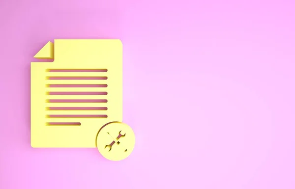 Documento de arquivo amarelo com chave de fenda e ícone de chave de fenda isolado no fundo rosa. Ajuste, serviço, configuração, manutenção, reparação, fixação. Conceito de minimalismo. 3D ilustração 3D render — Fotografia de Stock