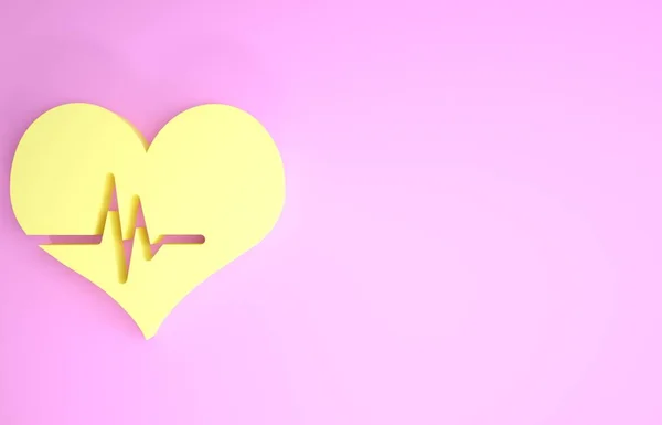 Icona della frequenza cardiaca gialla isolata su sfondo rosa. Segno di battito cardiaco. Icona del polso cardiaco. Icona del cardiogramma. Concetto minimalista. Illustrazione 3d rendering 3D — Foto Stock