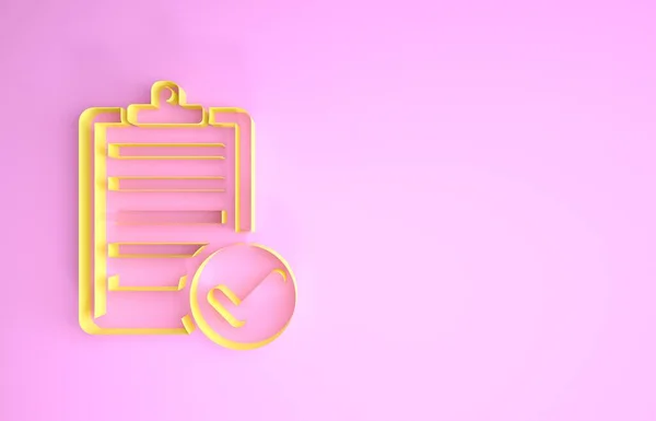Amarillo Verificación de la lista de entrega portapapeles y lápiz icono aislado sobre fondo rosa. Concepto minimalista. 3D ilustración 3D render — Foto de Stock
