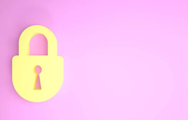 Ikona žlutého zámku izolovaná na růžovém pozadí. Značka Padlock. Zabezpečení, bezpečnost, ochrana, ochrana soukromí. Minimalismus. 3D ilustrace 3D vykreslení — Stock fotografie