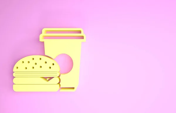 Gul kaffe och hamburgare ikon isolerad på rosa bakgrund. Snabbmatssymbol. Minimalistiskt koncept. 3D-illustration 3D-återgivning — Stockfoto