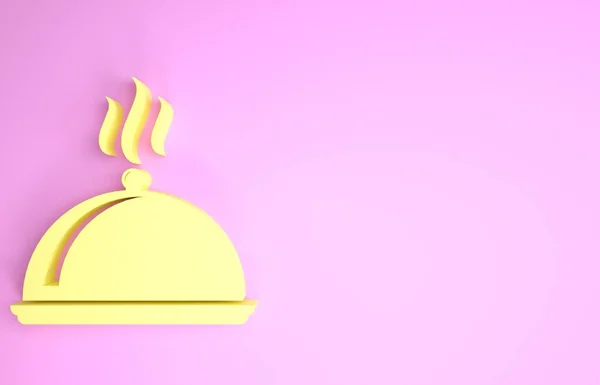 Geel Bedekt met een dienblad van voedsel pictogram geïsoleerd op roze achtergrond. Bord met deksel. Restaurant cloche met deksel. Keukengerei symbool. Minimalisme concept. 3d illustratie 3D renderen — Stockfoto