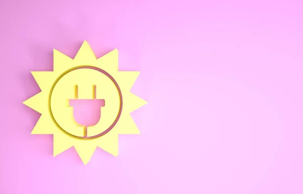 ピンクの背景に隔離された黄色の太陽エネルギーパネルアイコン。太陽と電気プラグ。最小限の概念。3Dイラスト3Dレンダリング — ストック写真