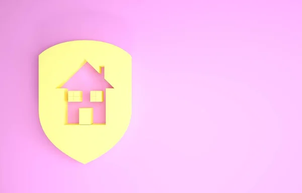 Gult hus under skydd ikon isolerad på rosa bakgrund. Hem och sköld. Skydd, säkerhet, skydd, försvarskoncept. Minimalistiskt koncept. 3D-återgivning för 3D — Stockfoto