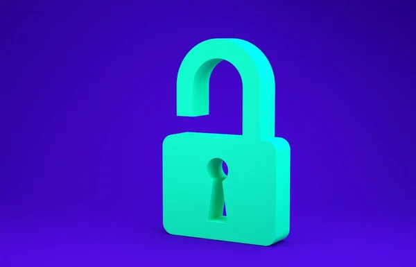 Green Open padlock icon terisolasi pada latar belakang biru. Tanda kunci terbuka. Konsep keamanan cyber. Perlindungan data digital. Keselamatan. Konsep minimalisme. Tampilan 3D ilustrasi 3d — Stok Foto