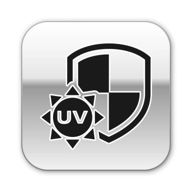 Siyah Uv koruma simgesi beyaz arka plan üzerinde izole. Güneş ve kalkan. Ultraviyole ışınları radyasyon. Spf güneş işareti. Gümüş kare düğme. Vektör İllüstrasyonu