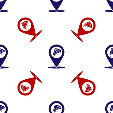 Fast food dilimli kırmızı ve mavi haritalı pizza ikonu beyaz arka planda izole edilmiş kusursuz desen. Pizzacı konumu simgesi. Pizza kafe ve restoran tabelası. Vektör İllüstrasyonu