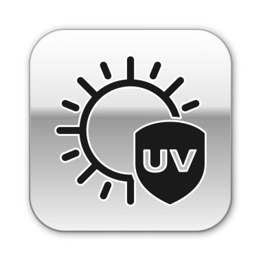 Siyah Uv koruma simgesi beyaz arka plan üzerinde izole. Güneş ve kalkan. Ultraviyole ışınları radyasyon. Spf güneş işareti. Gümüş kare düğme. Vektör İllüstrasyonu