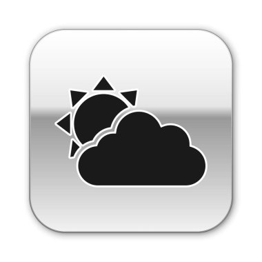 Siyah Güneş ve bulut hava simgesi beyaz arka plan üzerinde izole. Gümüş kare düğme. Vektör İllüstrasyonu