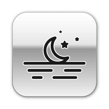 Siyah Ay ve yıldızlar simgesi beyaz arka planda izole. Gümüş kare düğme. Vektör İllüstrasyonu