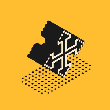 Sarı arkaplanda izole edilmiş dört yönlü Isometric Pixel okları. İmleç taşıma işareti. Vektör İllüstrasyonu