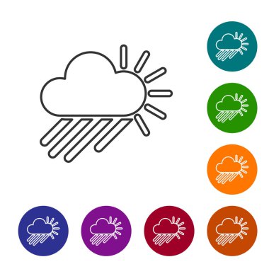 Gri çizgi bulutlu, yağmurlu ve beyaz arka planda izole edilmiş güneş ikonu. Yağmur damlaları ile yağmur bulutu yağışı. Simgeleri renk daire düğmelerine ayarla. Vektör İllüstrasyonu
