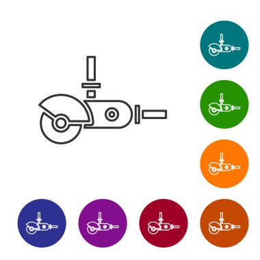 Gri çizgi açılı öğütücü simgesi beyaz arkaplanda izole edildi. Simgeleri renk daire düğmelerine ayarla. Vektör İllüstrasyonu