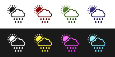 Bulut 'u yağmur ve güneş ikonu ile siyah beyaz arka planda izole et. Yağmur damlaları ile yağmur bulutu yağışı. Vektör İllüstrasyonu