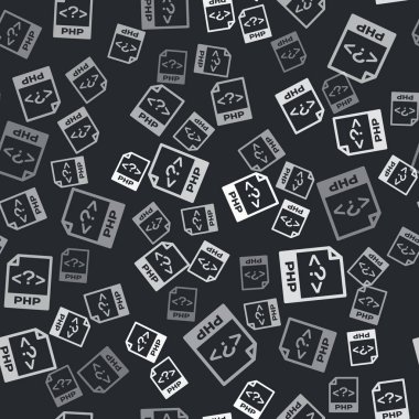 Grey Php dosya dökümanı. php düğmesi simgesi siyah arkaplanda izole edildi. Php dosya sembolü. Vektör İllüstrasyonu