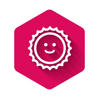 Beyaz Güneş simgesi uzun gölgeli. Pembe altıgen düğmesi. Vektör İllüstrasyonu