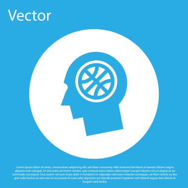 Mavi arka planda izole edilmiş bir basketbol ikonu hakkındaki mavi düşünceler. Beyaz daire düğmesi. Vektör İllüstrasyonu