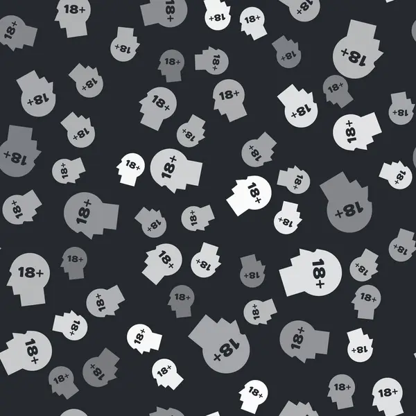 Cabeza humana gris con inscripción 18 plus icono aislado patrón sin costura sobre fondo negro. 18 más signo de contenido. Icono solo contenido para adultos. Ilustración vectorial — Vector de stock