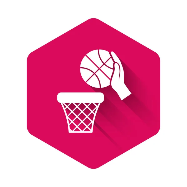 White Hand Basketball Ball Basket Icon Isolated Long Shadow Ball — Stock Vector